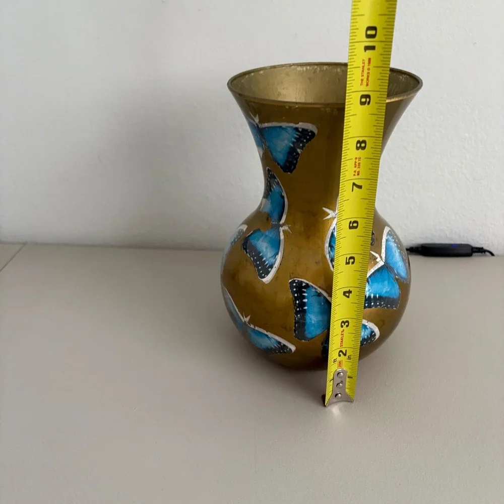 Vintage Hand Painted Gold Glass Vase Blue Butterfly Decoupage Floral Decor 9.5in